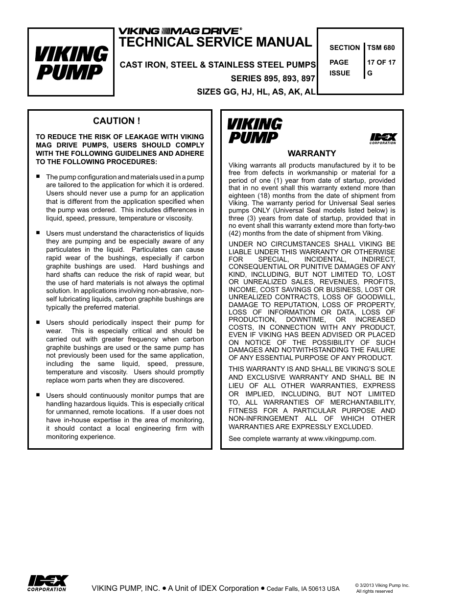 Technical service manual, Caution | Viking Pump TSM680: 895, 893 and 897 Mag Drive User Manual | Page 17 / 17