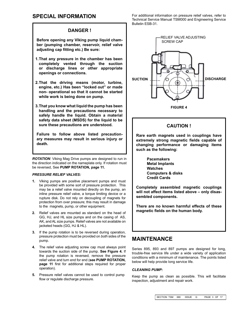 Special information, Maintenance, Danger | Caution | Viking Pump TSM680: 895, 893 and 897 Mag Drive User Manual | Page 3 / 17