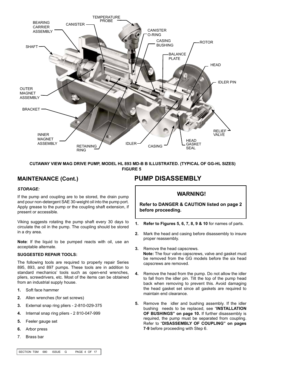 Pump disassembly, Maintenance (cont.), Warning | Viking Pump TSM680: 895, 893 and 897 Mag Drive User Manual | Page 4 / 17