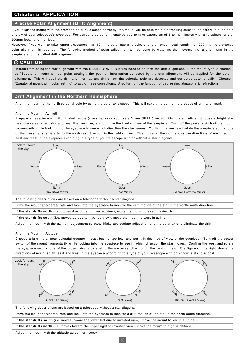 Precise polar alignment (drift alignment), Caution | Vixen Sphinx SXP User Manual | Page 58 / 102