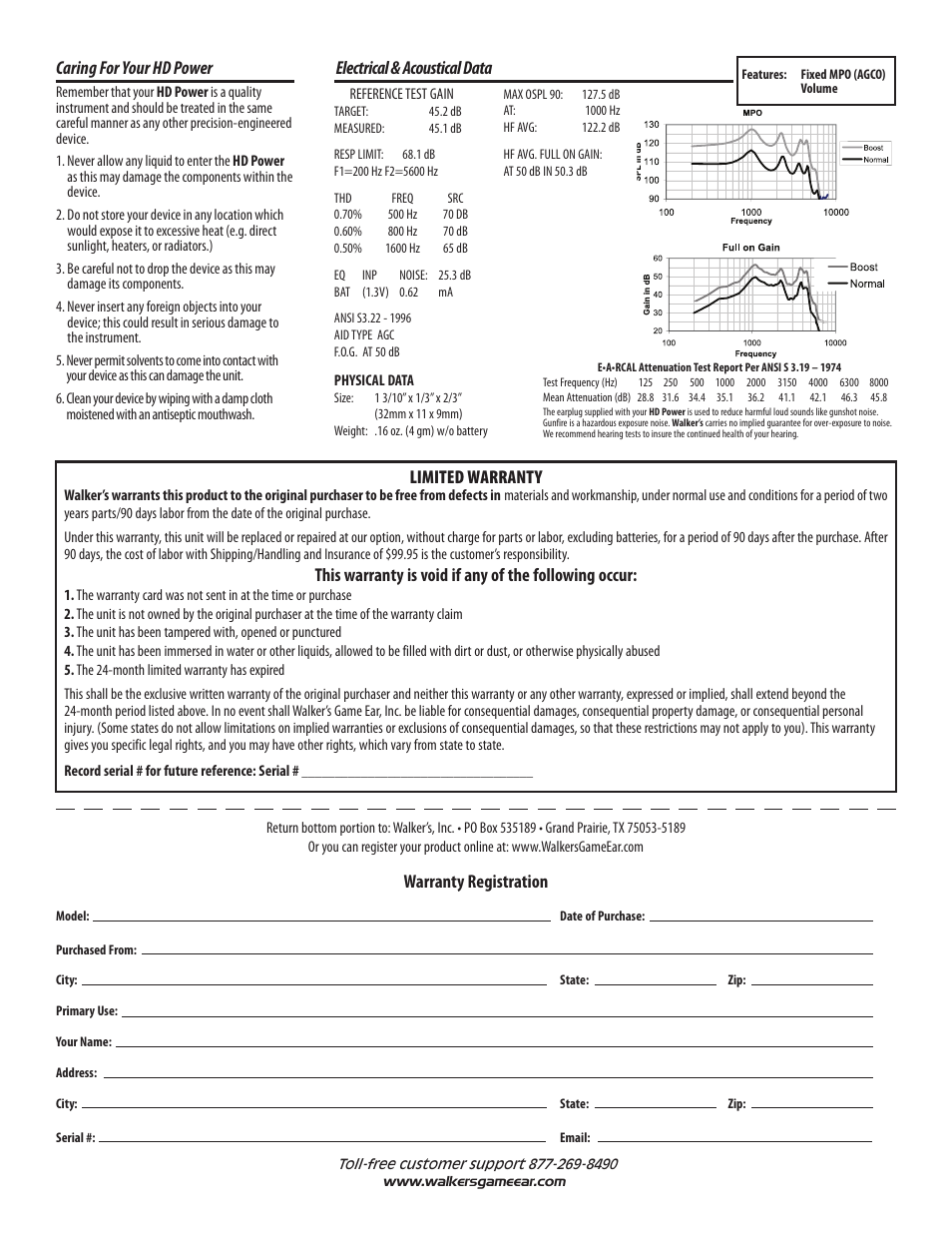 Limited warranty, Warranty registration, Electrical & acoustical data | Caring for your hd power | Walker's Game Ear Walker's HD Power User Manual | Page 2 / 2
