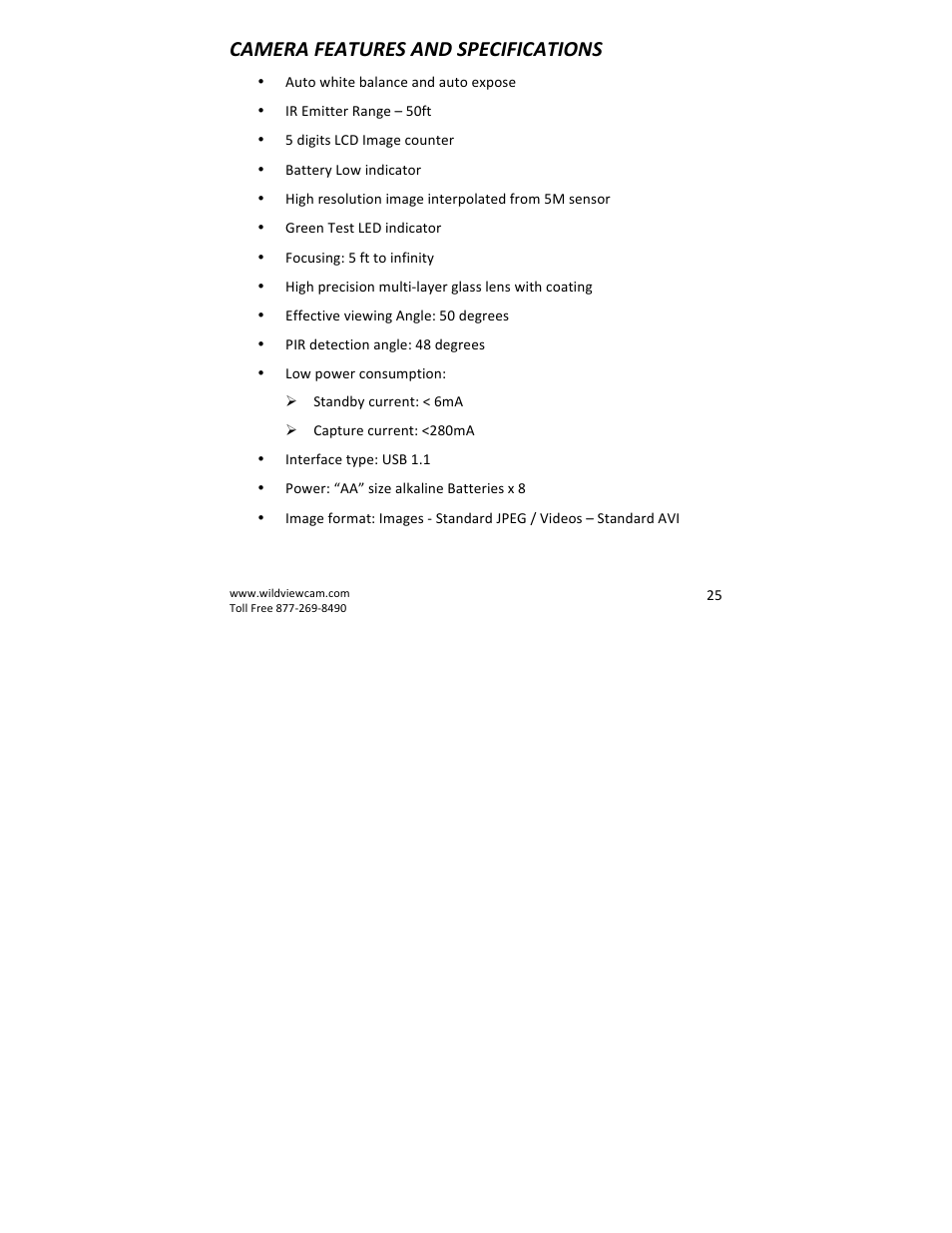 Camera features and specifications | Wildview STC-WV30 User Manual | Page 25 / 30
