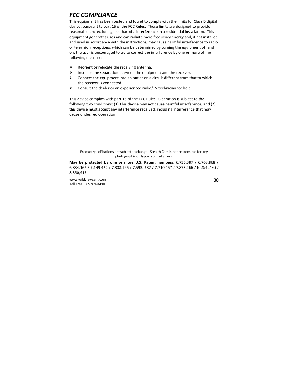 Fcc compliance | Wildview STC-WV30 User Manual | Page 30 / 30
