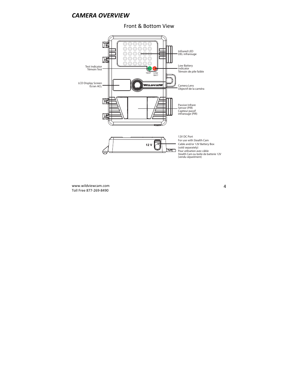 Camera overview, Front & bottom view | Wildview STC-WV30 User Manual | Page 4 / 30