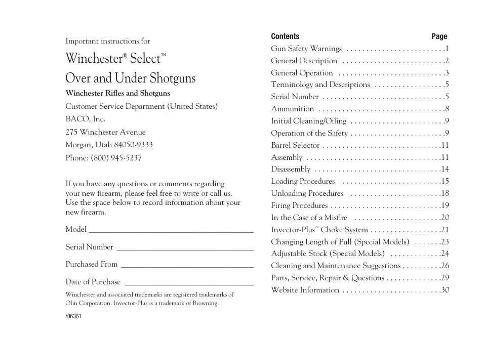 Winchester, Select, Over and under shotguns | Winchester Repeating Arms Select User Manual | Page 2 / 34