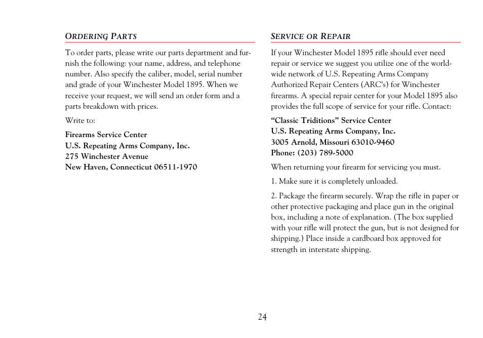 Ordering parts / service or repair | Winchester Repeating Arms 1895 User Manual | Page 26 / 32