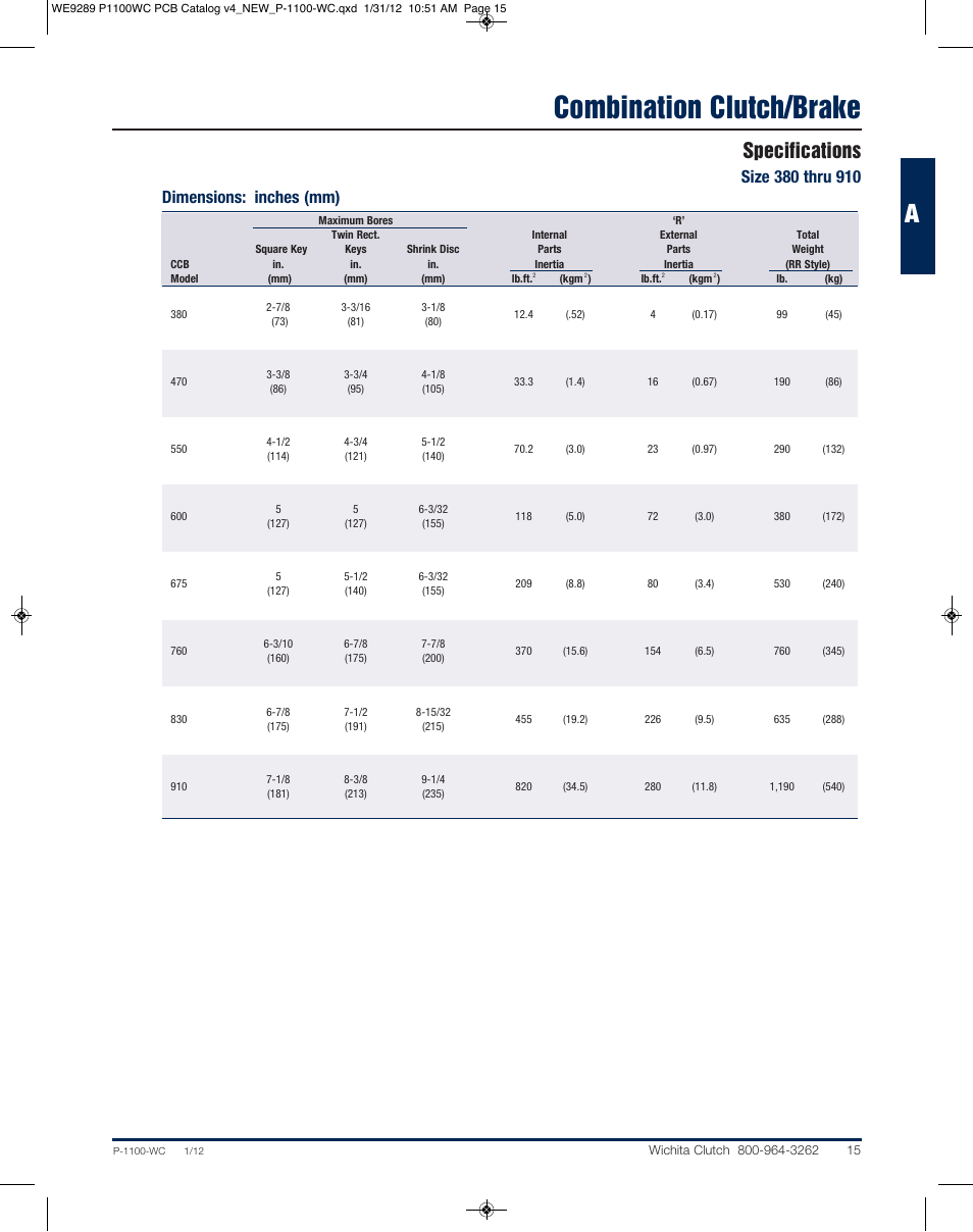 Combination clutch/brake, Specifications | Wichita Clutch CCB - Combination Clutch Brake Unit User Manual | Page 6 / 12