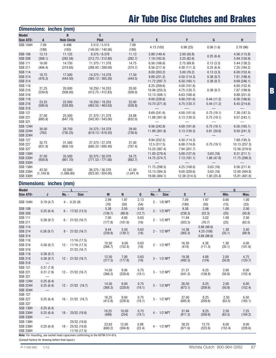 Air tube disc clutches and brakes, Dimensions: inches (mm) | Wichita Clutch LKB Brake User Manual | Page 10 / 12