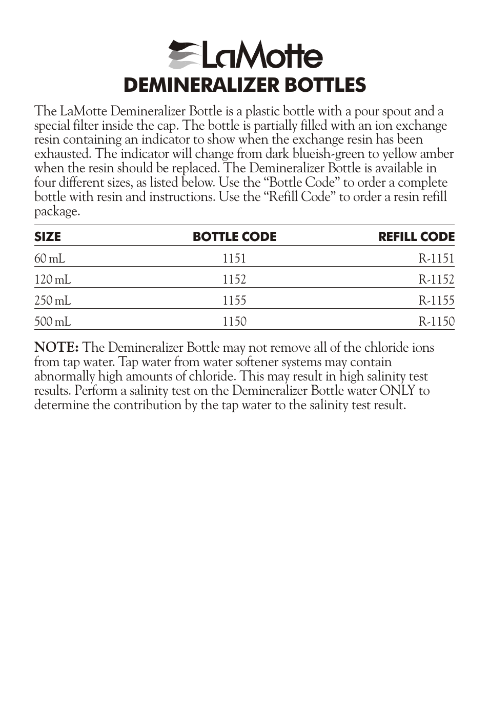 LaMotte DEMINERALIZER BOTTLES User Manual | 2 pages