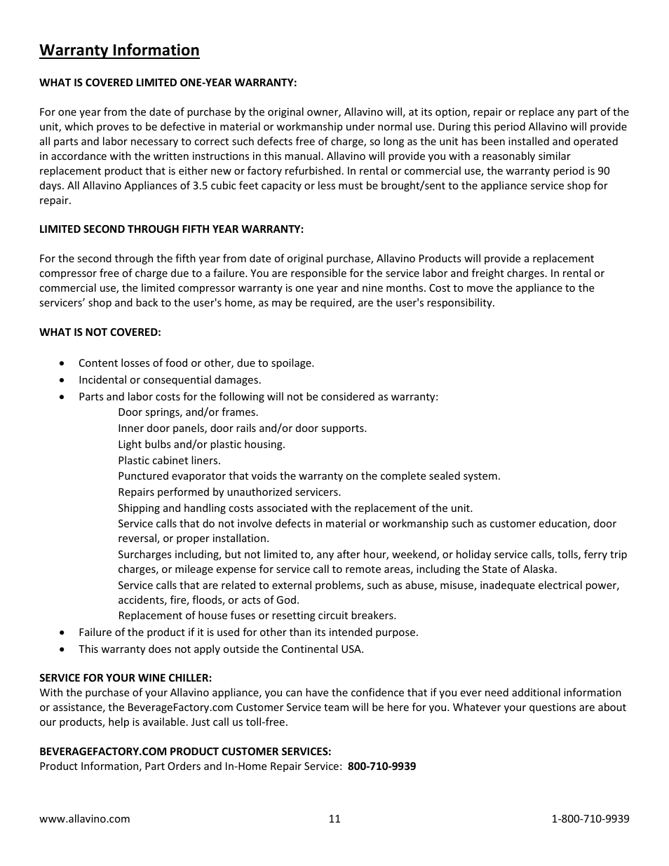 Warranty information | Allavino Vite YWR-2715BRT Wine Cooler Refrigerator - 115 Bottle Capacity - Black Door with Towel Bar Handle User Manual | Page 11 / 11