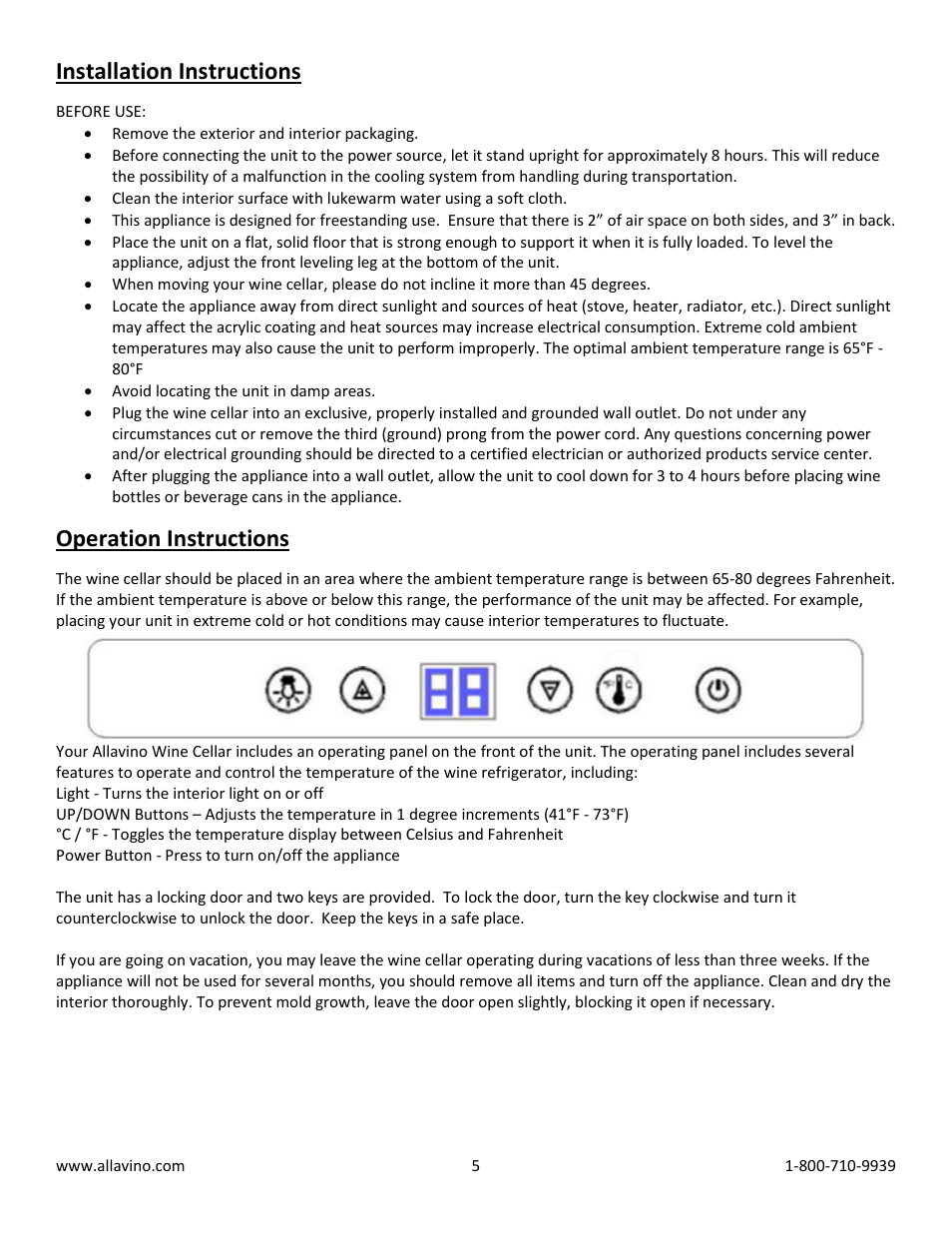 Installation instructions, Operation instructions | Allavino Vite YWR-2715BRT Wine Cooler Refrigerator - 115 Bottle Capacity - Black Door with Towel Bar Handle User Manual | Page 5 / 11