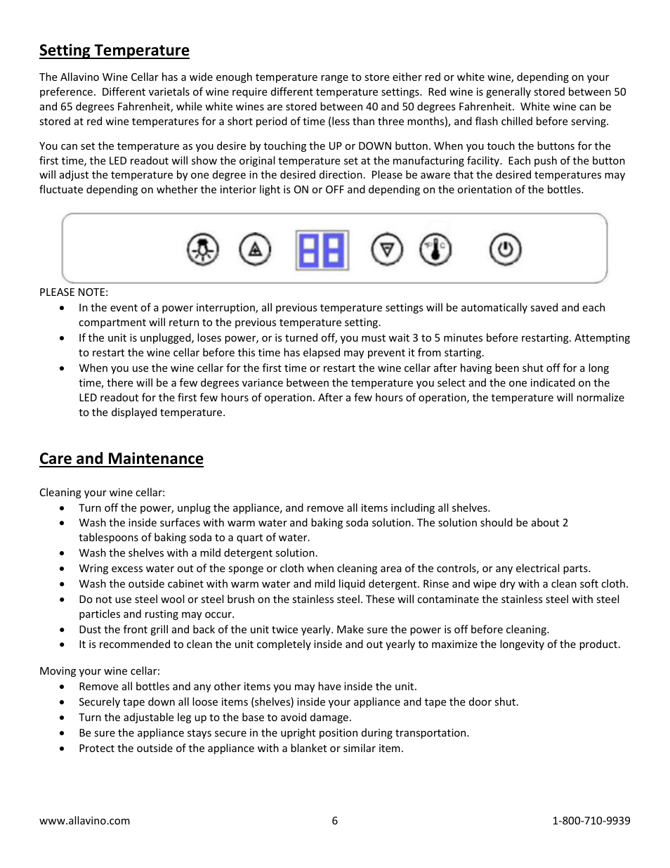 Setting temperature, Care and maintenance | Allavino Vite YWR-2715BRT Wine Cooler Refrigerator - 115 Bottle Capacity - Black Door with Towel Bar Handle User Manual | Page 6 / 11
