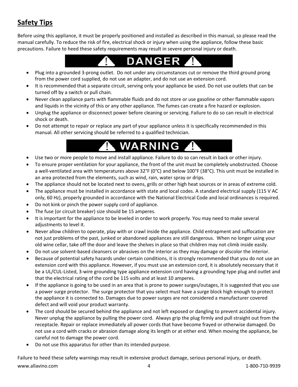 Safety tips | Allavino VWR1102-SRT FlexCount Series 121 Bottle Dual Zone Wine Refrigerator with Towel Bar Handle - Right Hinge User Manual | Page 4 / 10