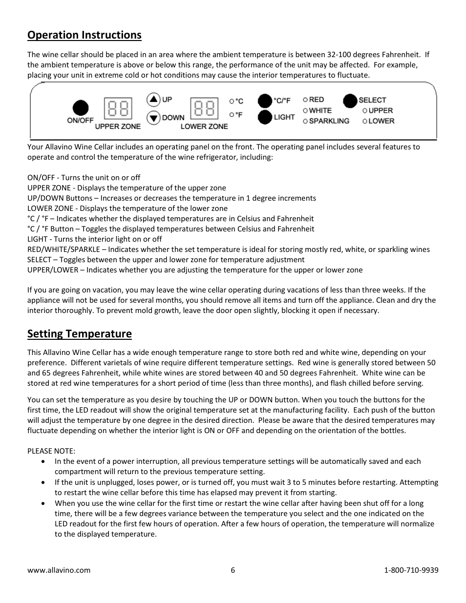 Operation instructions, Setting temperature | Allavino VWR1102-SRT FlexCount Series 121 Bottle Dual Zone Wine Refrigerator with Towel Bar Handle - Right Hinge User Manual | Page 6 / 10