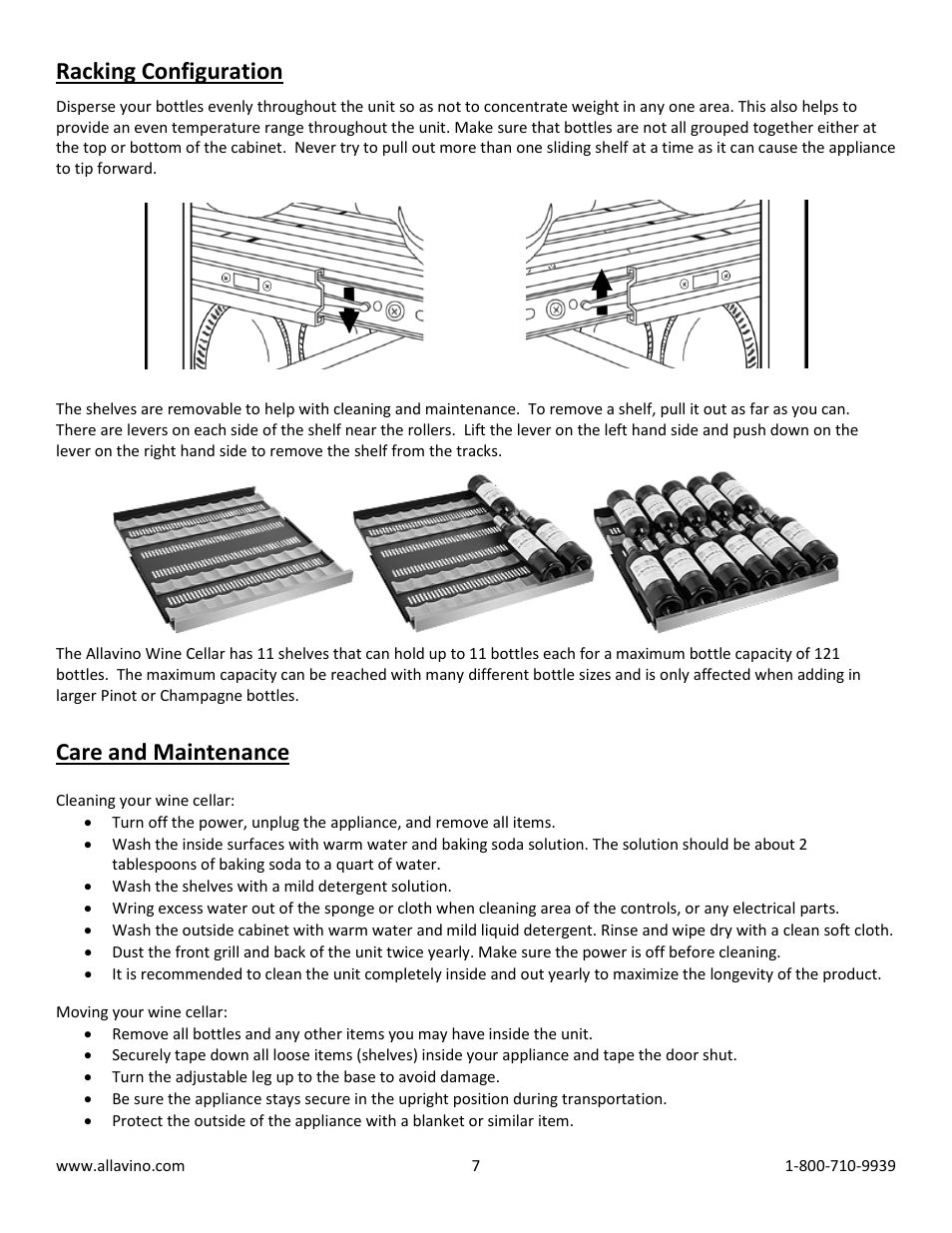 Racking configuration, Care and maintenance | Allavino VWR1102-SRT FlexCount Series 121 Bottle Dual Zone Wine Refrigerator with Towel Bar Handle - Right Hinge User Manual | Page 7 / 10