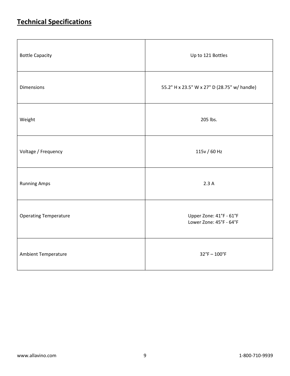 Technical specifications | Allavino VWR1102-SRT FlexCount Series 121 Bottle Dual Zone Wine Refrigerator with Towel Bar Handle - Right Hinge User Manual | Page 9 / 10