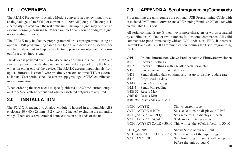 0 overview, 0 installation, 0 appendix a - serial programming commands | Monarch Instrument F2A1X User Manual | Page 4 / 8