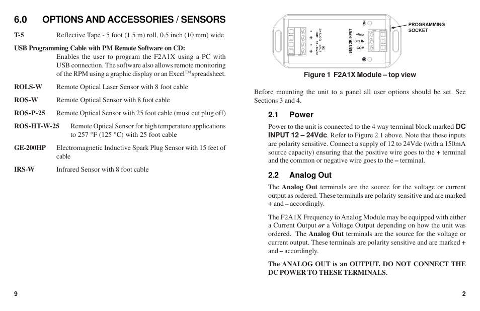 0 options and accessories / sensors | Monarch Instrument F2A1X User Manual | Page 5 / 8