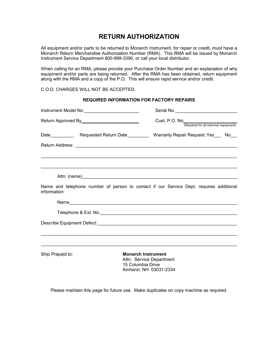 Return authorization | Monarch Instrument DC 2000 User Manual | Page 157 / 160