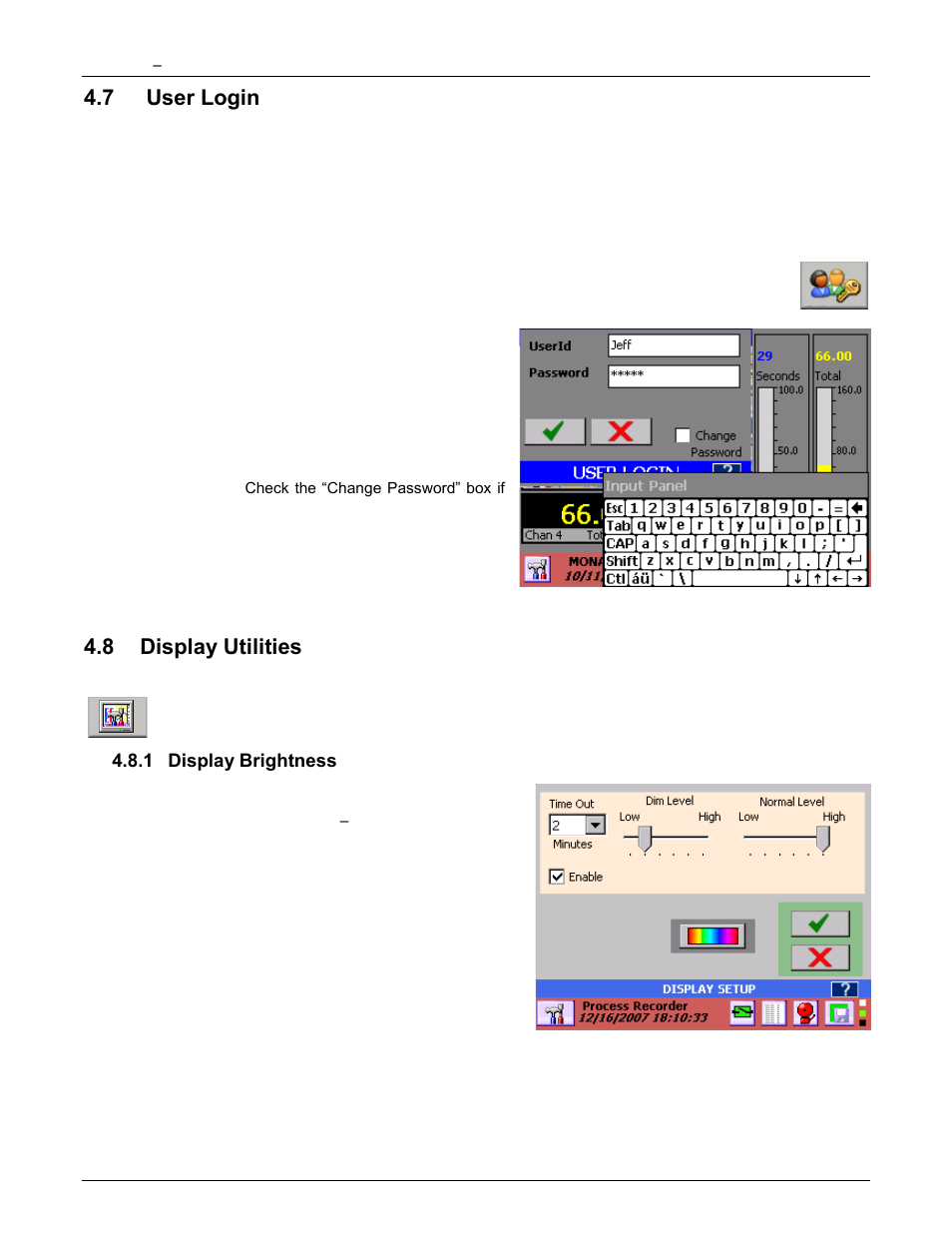 7 user login, 8 display utilities, 1 display brightness | User login, Display utilities, Display brightness, Log in, Details here | Monarch Instrument DC6000 User Manual | Page 39 / 121