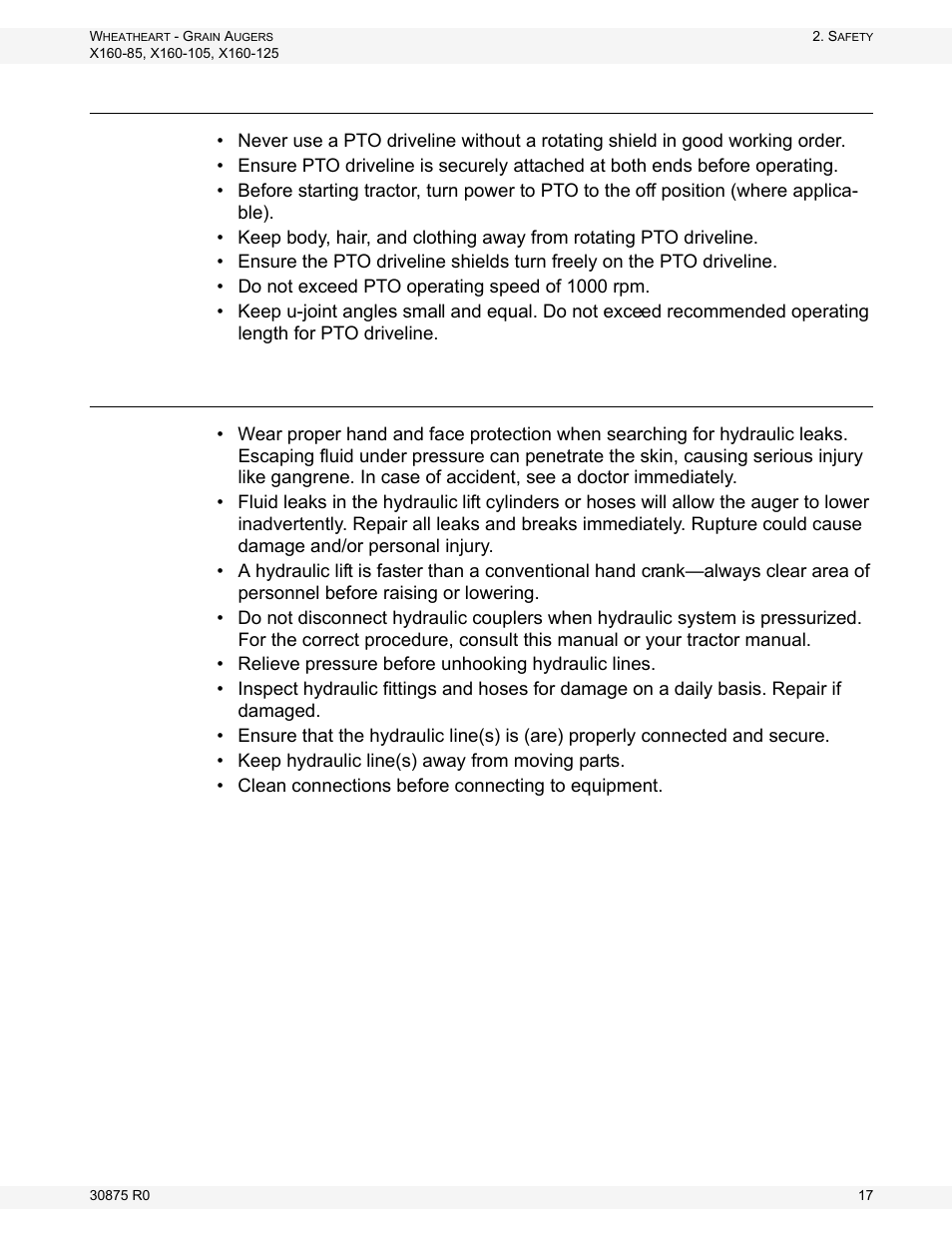 Pto safety, Hydraulic safety | Wheatheart X160 Series User Manual | Page 17 / 146