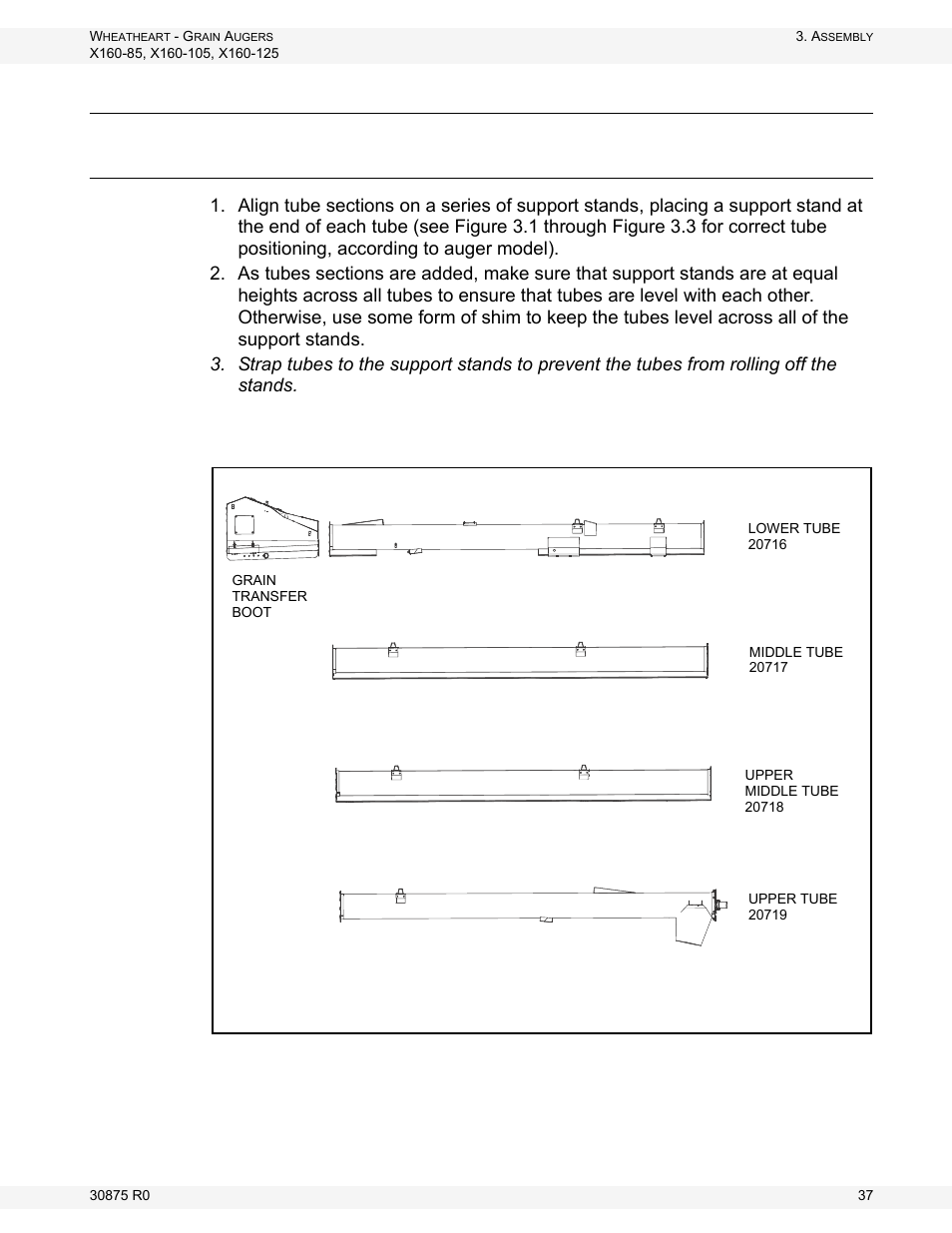 Assemble the auger tube, Identify and arrange auger tube sections | Wheatheart X160 Series User Manual | Page 37 / 146