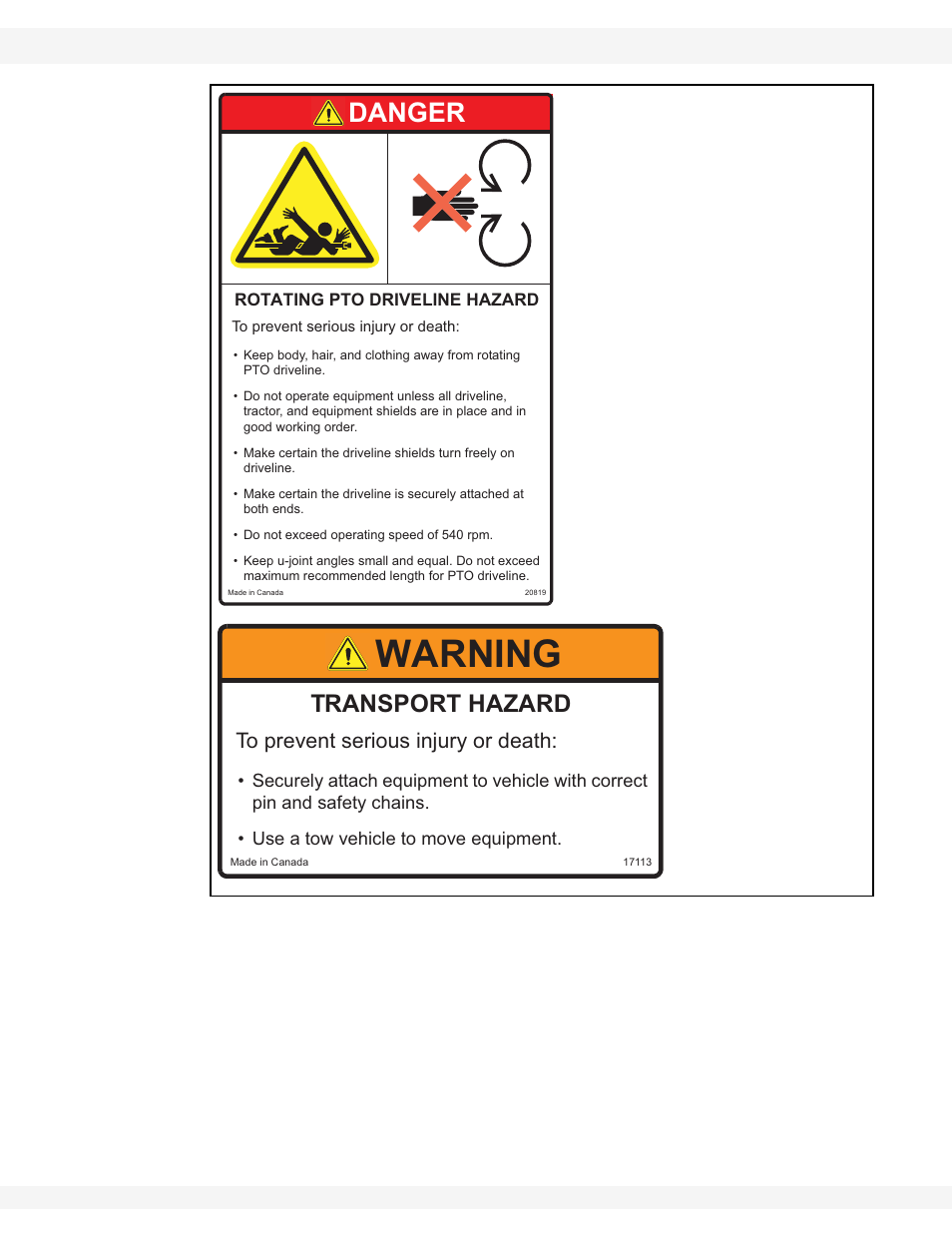 Warning, Danger, Transport hazard | Rotating pto driveline hazard | Wheatheart WHR 80/100 x 31-71ft Augers PTO-SD User Manual | Page 17 / 56