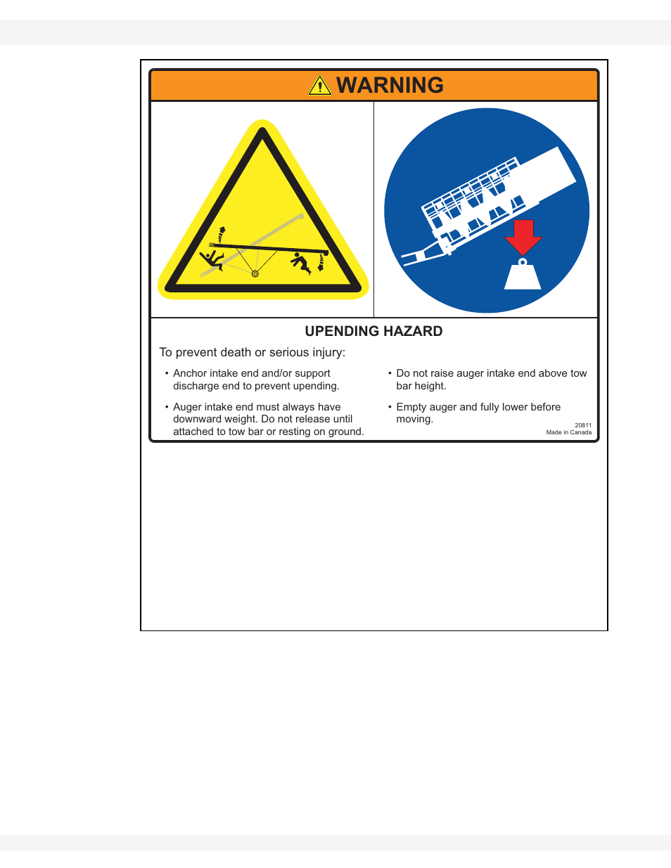 Warning, Upending hazard | Wheatheart WHR 80/100 x 31-71ft Augers PTO-SD User Manual | Page 18 / 56