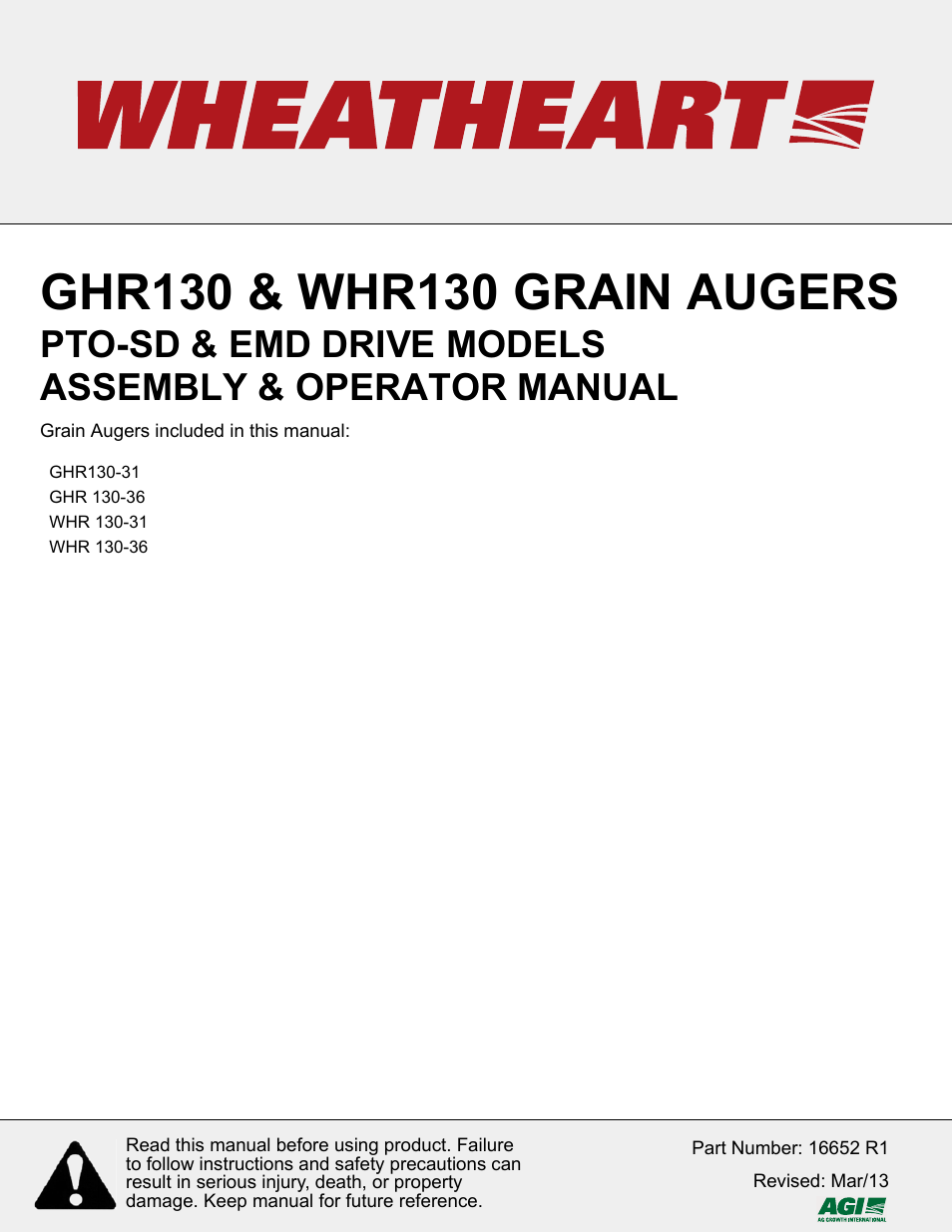 Wheatheart WHR 130 x 31-36ft Augers PTO-SD User Manual | 46 pages