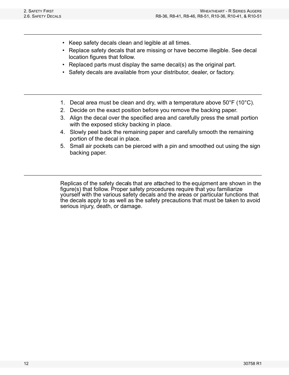 Safety decals, Decal installation, Safety decal locations | Wheatheart R Series Augers User Manual | Page 12 / 46