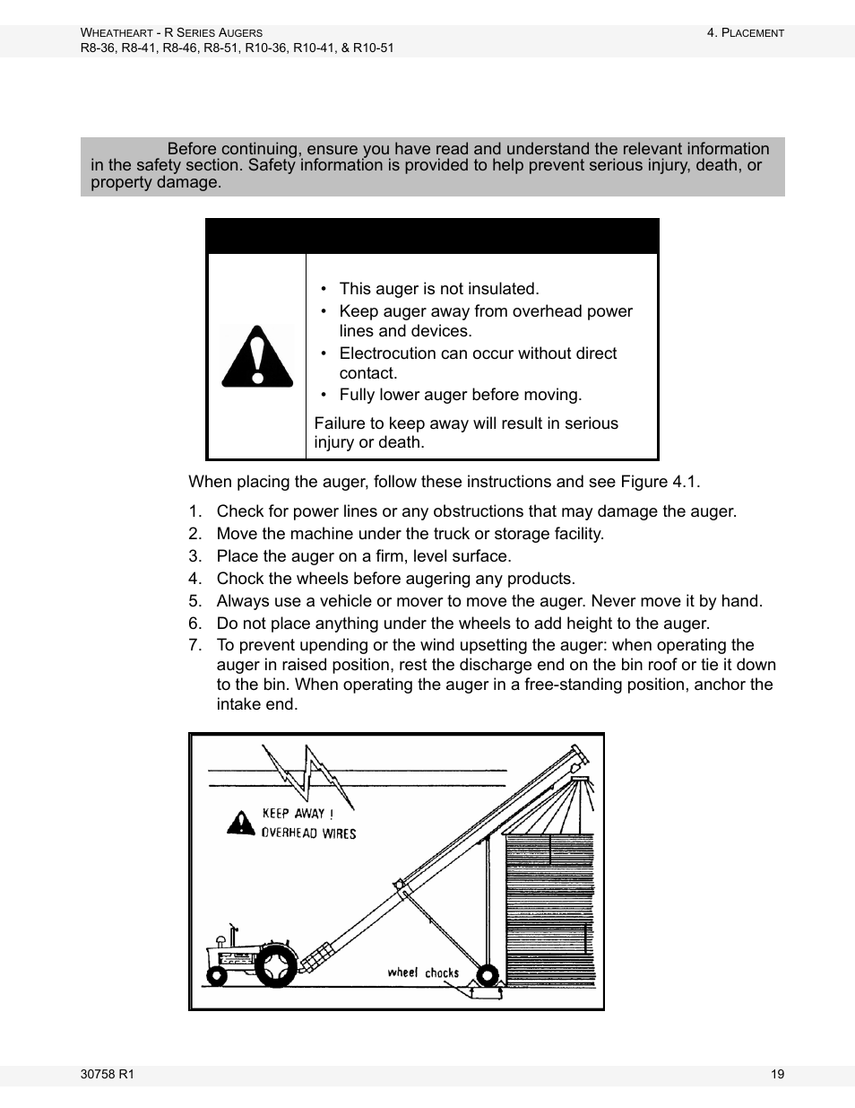 Placement, Danger | Wheatheart R Series Augers User Manual | Page 19 / 46
