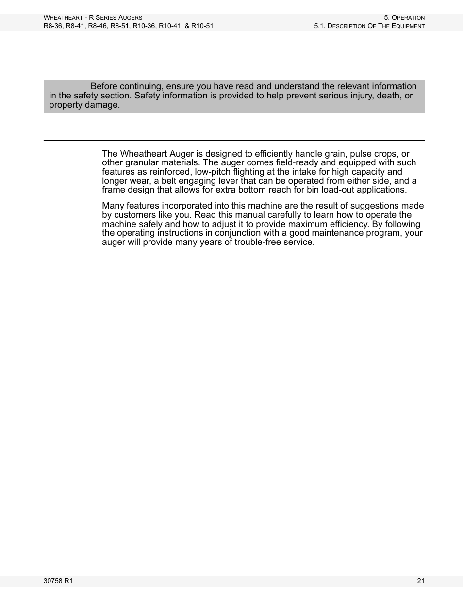 Operation, Description of the equipment | Wheatheart R Series Augers User Manual | Page 21 / 46