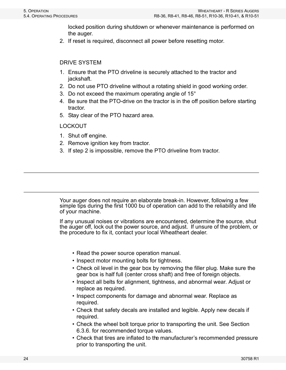 Operating procedures, Break-in period, Pto d | Wheatheart R Series Augers User Manual | Page 24 / 46