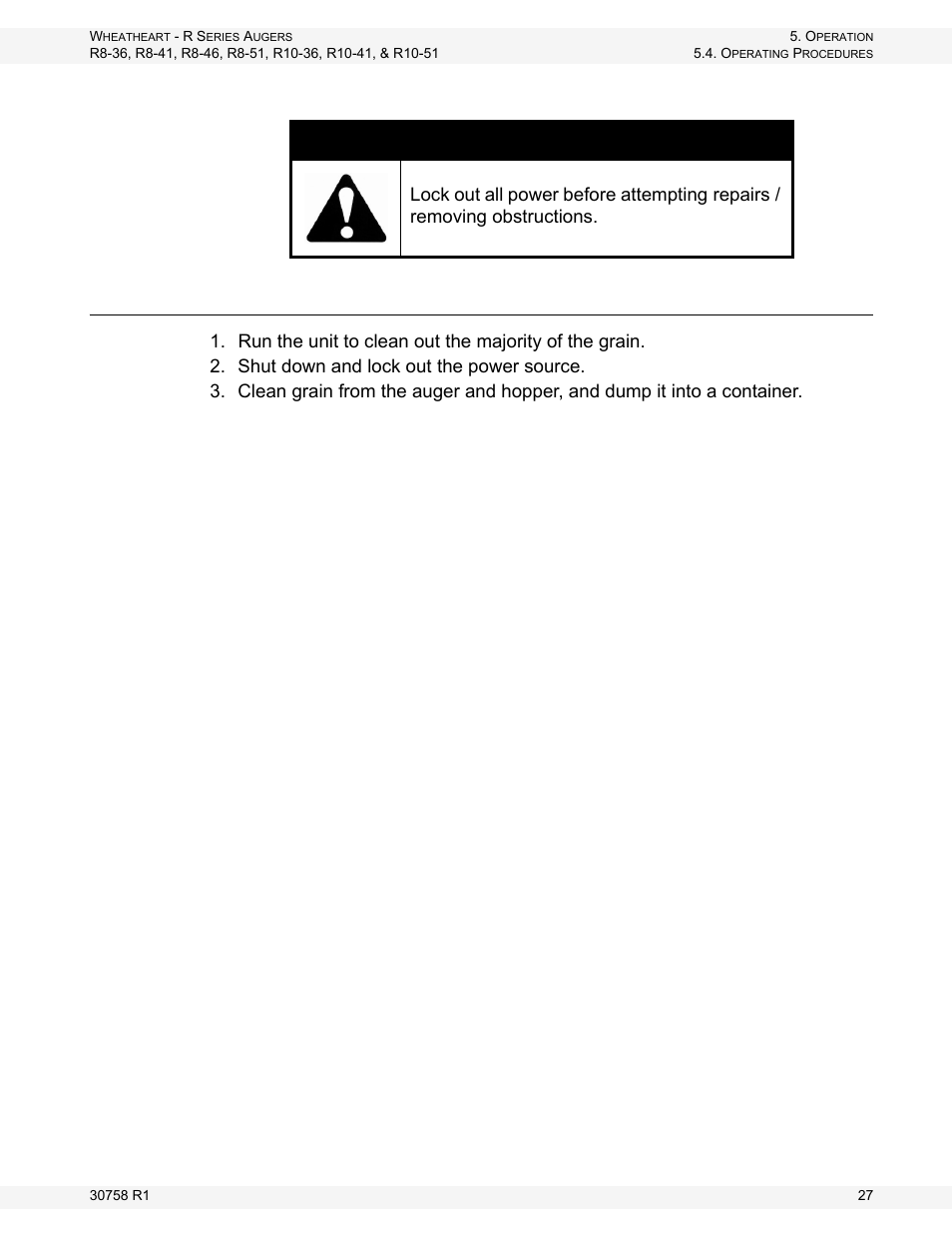 Cleanout, Warning, Leanout | Wheatheart R Series Augers User Manual | Page 27 / 46