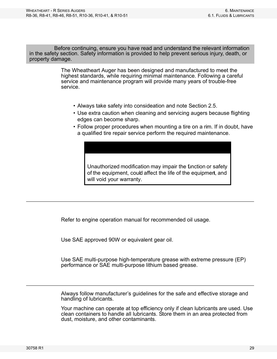 Maintenance, Fluids & lubricants, Storage & handling | Wheatheart R Series Augers User Manual | Page 29 / 46