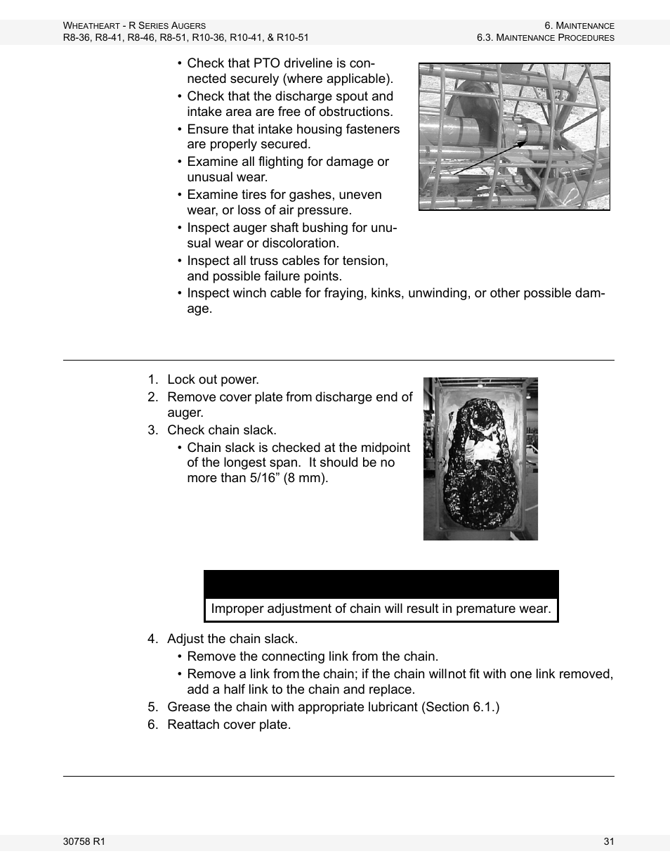 Servicing upper chain drive, Greasing machine, Notice | Wheatheart R Series Augers User Manual | Page 31 / 46