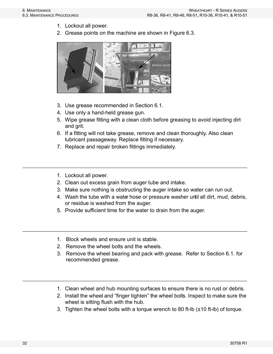 Cleaning machine, Repacking wheel bearings, Tightening wheel bolts | Wheatheart R Series Augers User Manual | Page 32 / 46