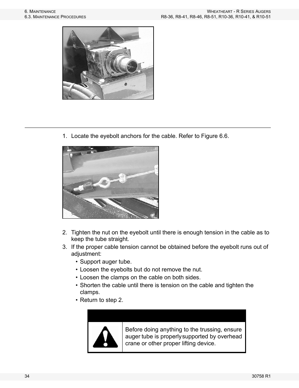 Truss cable service (r-851 & r-1051 auger only), Truss cable service (r 851 auger only), Warning | Wheatheart R Series Augers User Manual | Page 34 / 46
