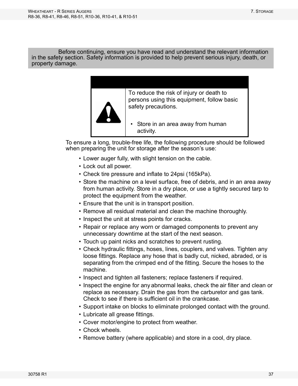 Storage, Warning | Wheatheart R Series Augers User Manual | Page 37 / 46