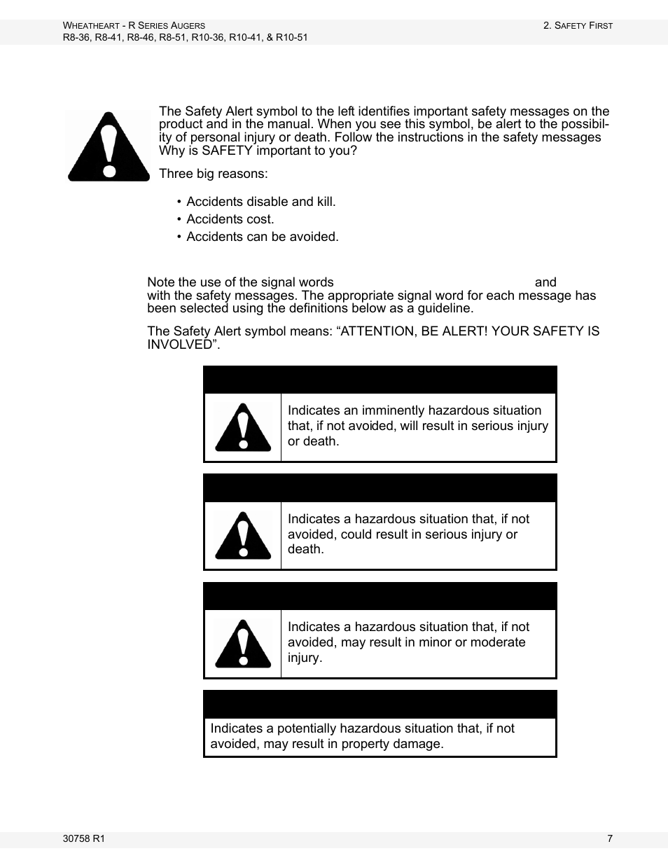 Safety first, Signal words, Danger | Warning, Caution, Notice | Wheatheart R Series Augers User Manual | Page 7 / 46