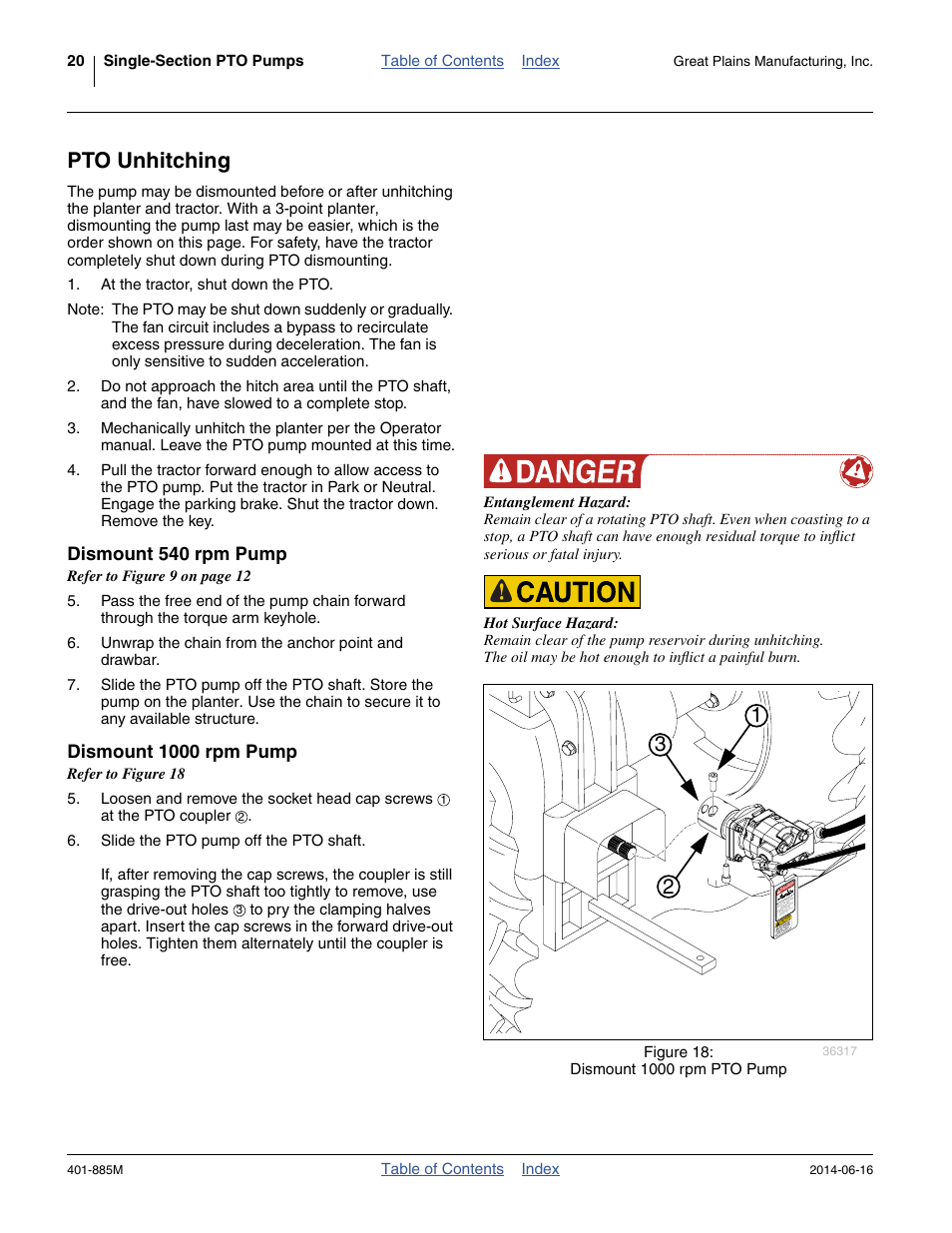Pto unhitching, Dismount 540 rpm pump, Dismount 1000 rpm pump | Dismount 540 rpm pump dismount 1000 rpm pump | Great Plains PTO Kits Single-Section User Manual | Page 24 / 82