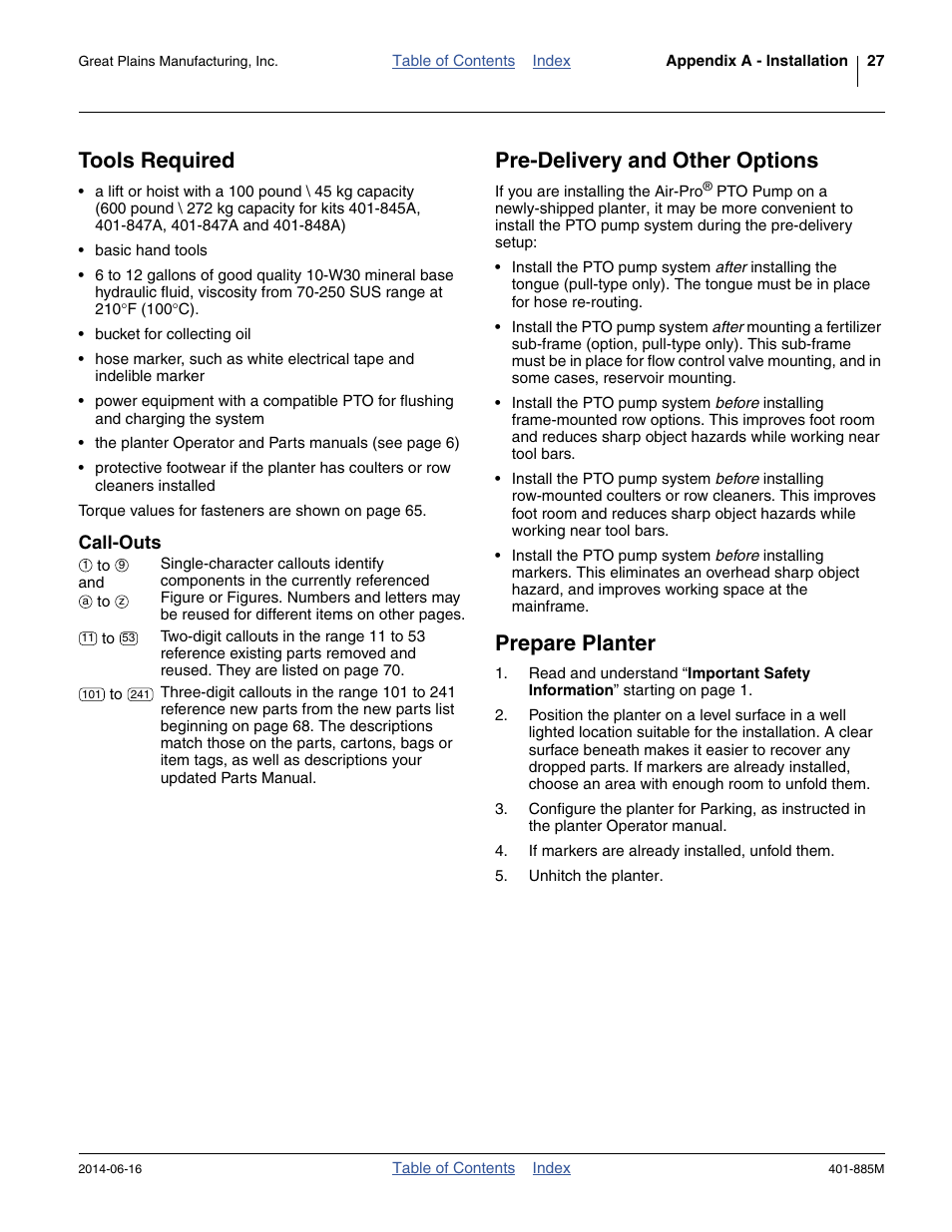 Tools required, Call-outs, Pre-delivery and other options | Prepare planter, Pre-delivery and other options prepare planter | Great Plains PTO Kits Single-Section User Manual | Page 31 / 82