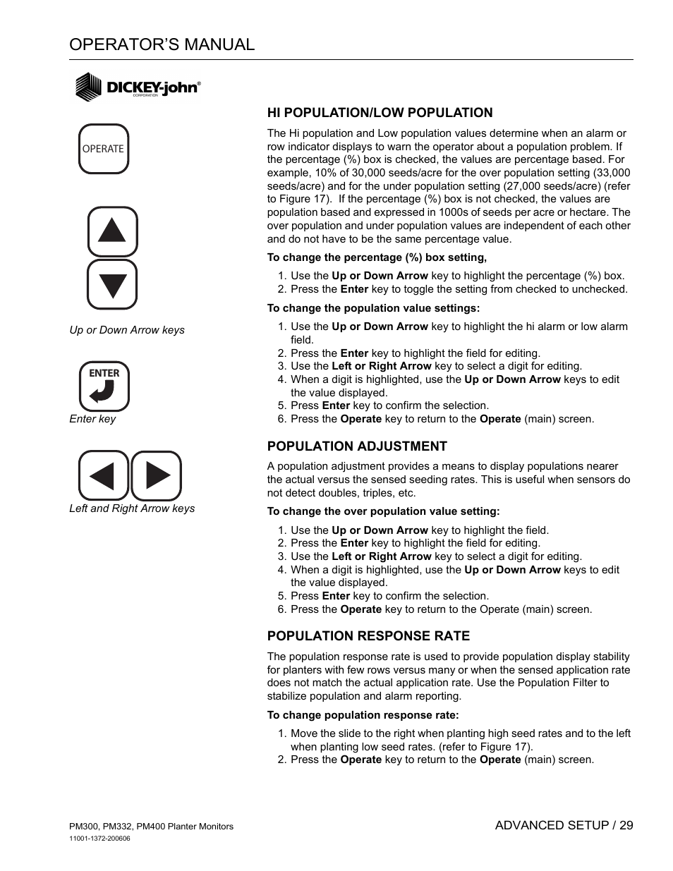 Hi population/low population, Population adjustment, Population response rate | Operator’s manual | Great Plains PM400 Monitor Operator User Manual | Page 35 / 60