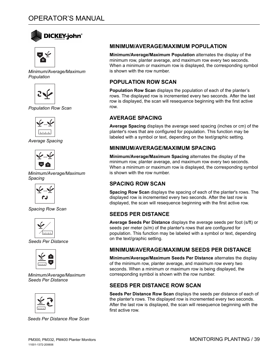 Minimum/average/maximum population, Population row scan, Average spacing | Minimum/average/maximum spacing, Spacing row scan, Seeds per distance, Minimum/average/maximum seeds per distance, Seeds per distance row scan, Operator’s manual | Great Plains PM400 Monitor Operator User Manual | Page 45 / 60