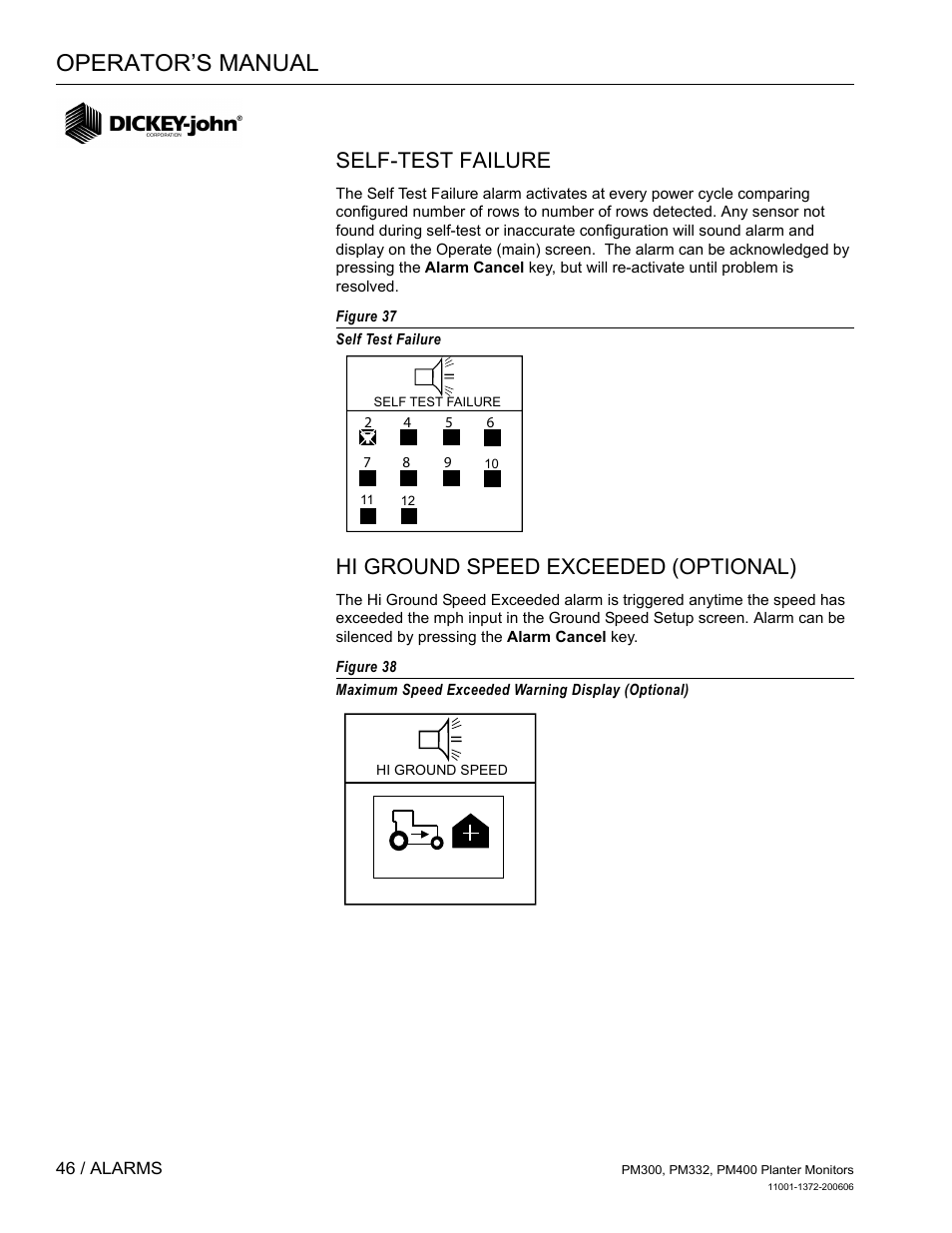 Self-test failure, Hi ground speed exceeded (optional), Operator’s manual | Great Plains PM400 Monitor Operator User Manual | Page 52 / 60