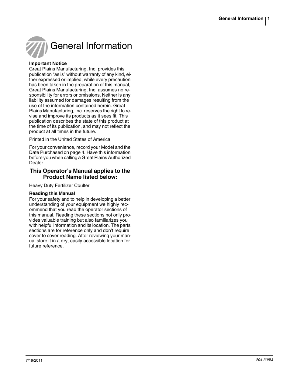 General information | Great Plains Utility Coulter & Vantage I-20 Fertilizer Coulters User Manual | Page 3 / 21