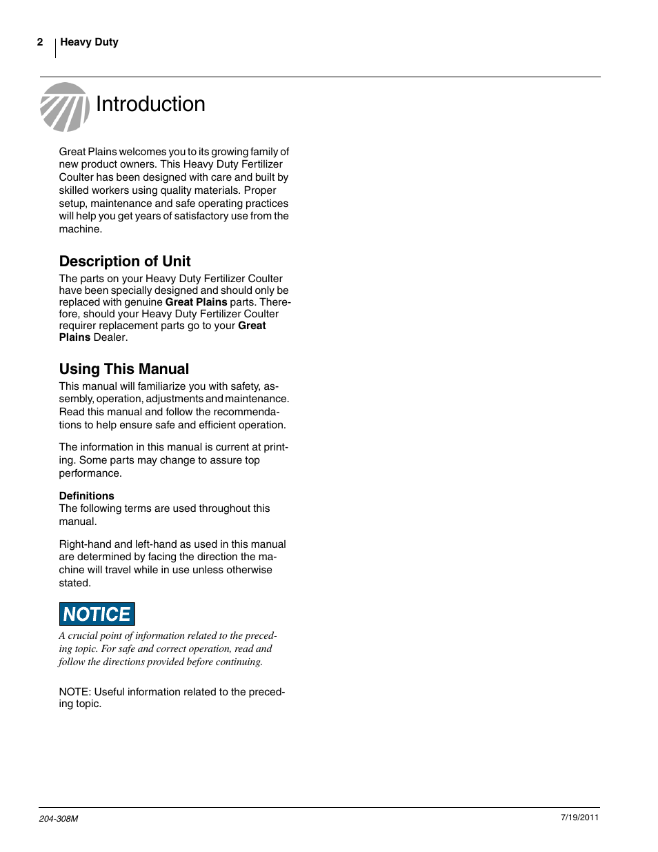 Introduction, Description of unit, Using this manual | Great Plains Utility Coulter & Vantage I-20 Fertilizer Coulters User Manual | Page 4 / 21