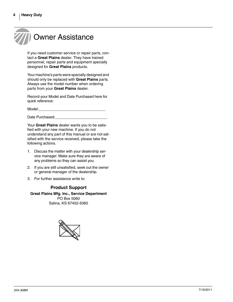 Owner assistance | Great Plains Utility Coulter & Vantage I-20 Fertilizer Coulters User Manual | Page 6 / 21