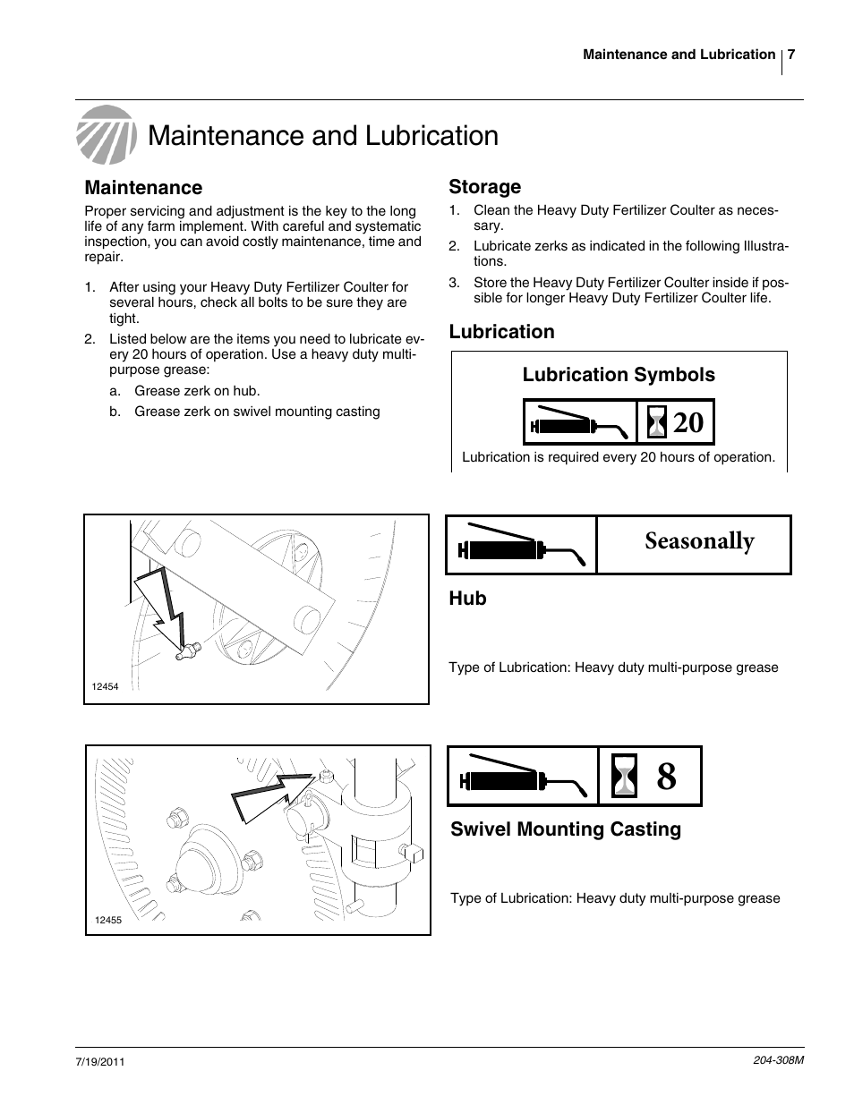 Maintenance and lubrication, Seasonally | Great Plains Utility Coulter & Vantage I-20 Fertilizer Coulters User Manual | Page 9 / 21
