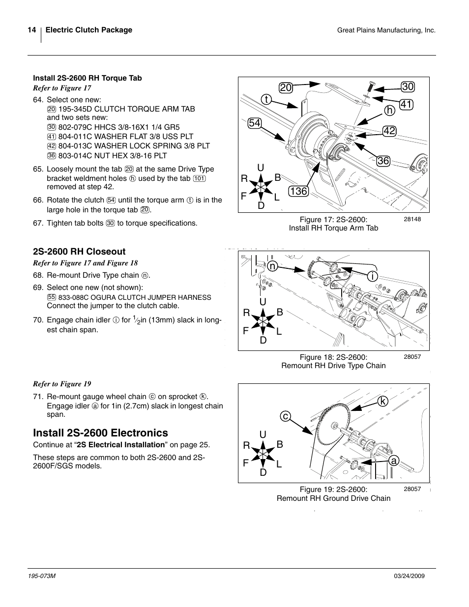 Install 2s-2600 rh torque tab, 2s-2600 rh closeout, Install 2s-2600 electronics | Ca k | Great Plains Electric Clutch Package User Manual | Page 18 / 108
